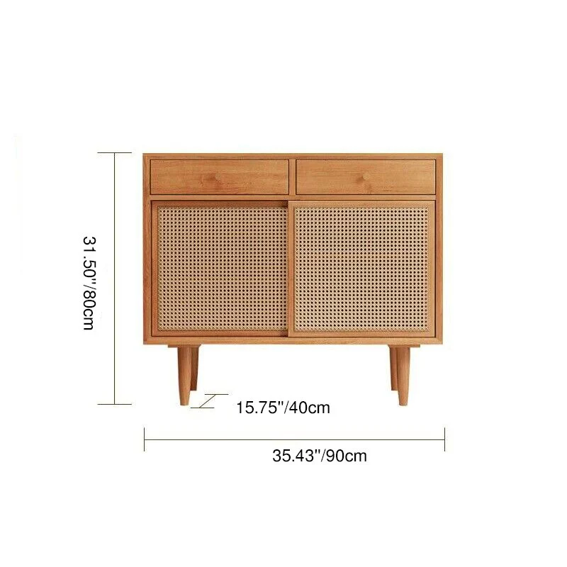 Contemporary Scandinavian Solid Wood Rattan Weaving Rectangular Storage Cabinet 2/3 Drawers & Sliding Doors For Living Room