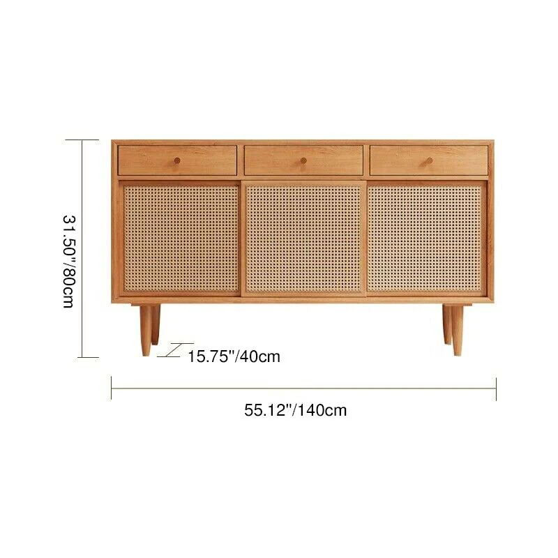 Contemporary Scandinavian Solid Wood Rattan Weaving Rectangular Storage Cabinet 2/3 Drawers & Sliding Doors For Living Room