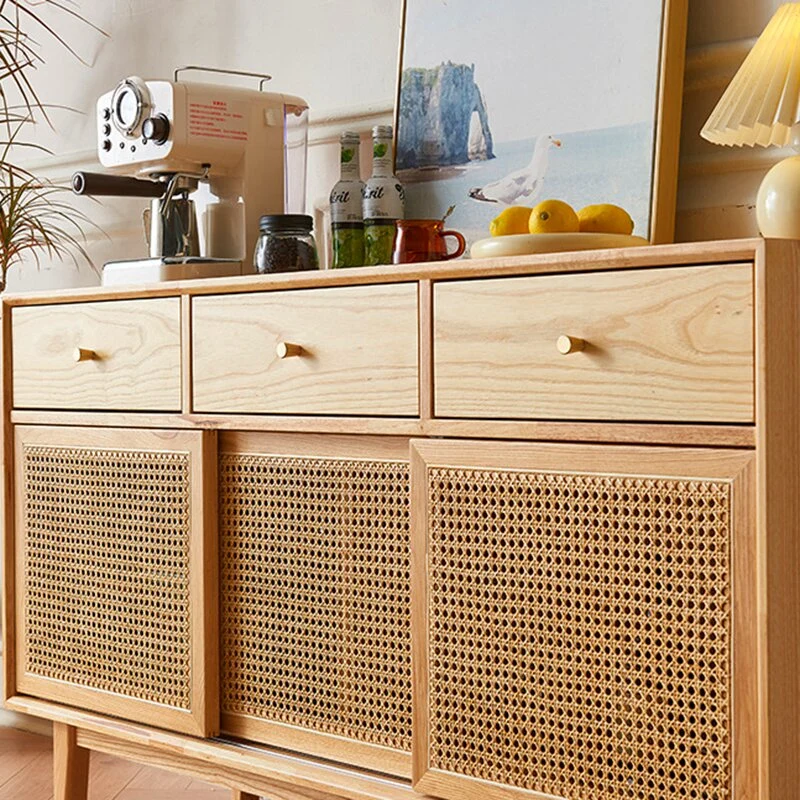 Contemporary Scandinavian Solid Wood Rattan Weaving Rectangular Storage Cabinet 2/3 Drawers & Sliding Doors For Living Room