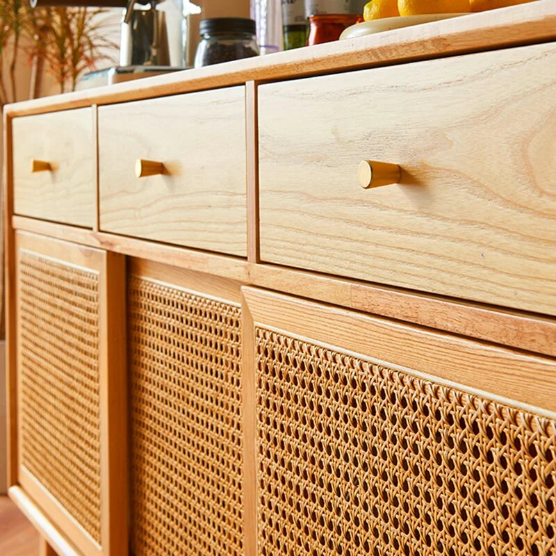 Contemporary Scandinavian Solid Wood Rattan Weaving Rectangular Storage Cabinet 2/3 Drawers & Sliding Doors For Living Room
