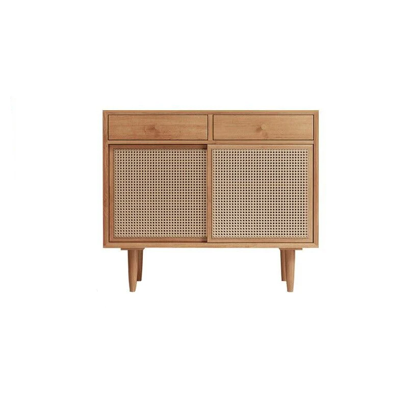 Contemporary Scandinavian Solid Wood Rattan Weaving Rectangular Storage Cabinet 2/3 Drawers & Sliding Doors For Living Room
