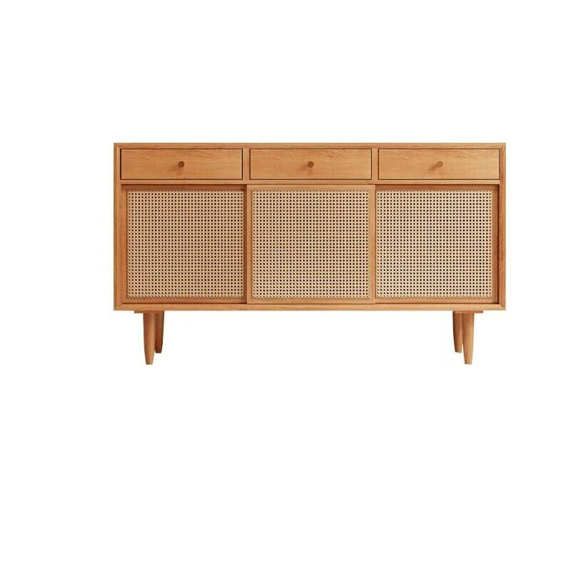 Contemporary Scandinavian Solid Wood Rattan Weaving Rectangular Storage Cabinet 2/3 Drawers & Sliding Doors For Living Room