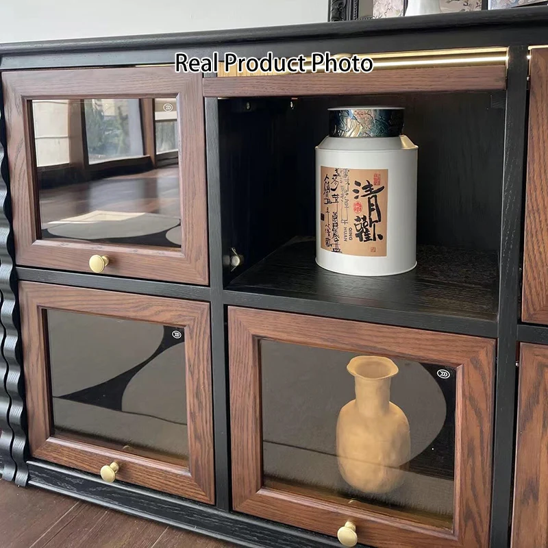 Traditional French Glass Ash Plywood Checkerboard Rectangular Storage Cabinet 2/6 Storage For Living Room