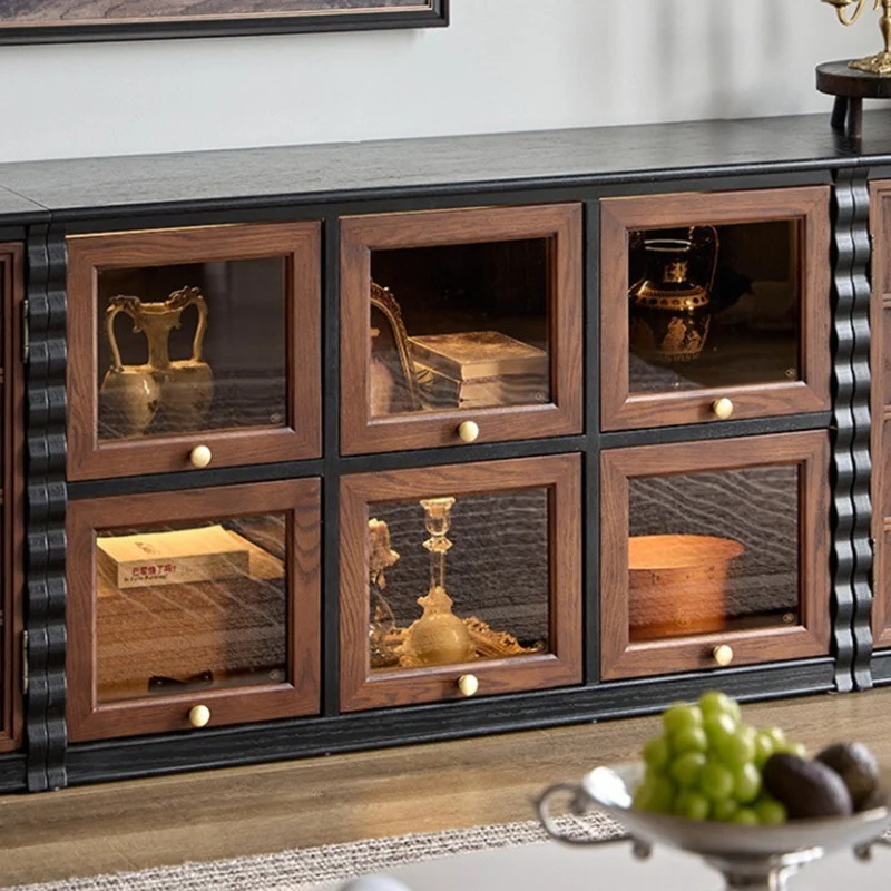 Traditional French Glass Ash Plywood Checkerboard Rectangular Storage Cabinet 2/6 Storage For Living Room