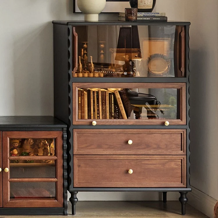 Traditional French Glass Plywood Oak Pine Wave Rectangular Storage Cabinet 2-Drawer For Living Room