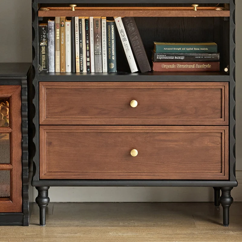 Traditional French Glass Plywood Oak Pine Wave Rectangular Storage Cabinet 2-Drawer For Living Room