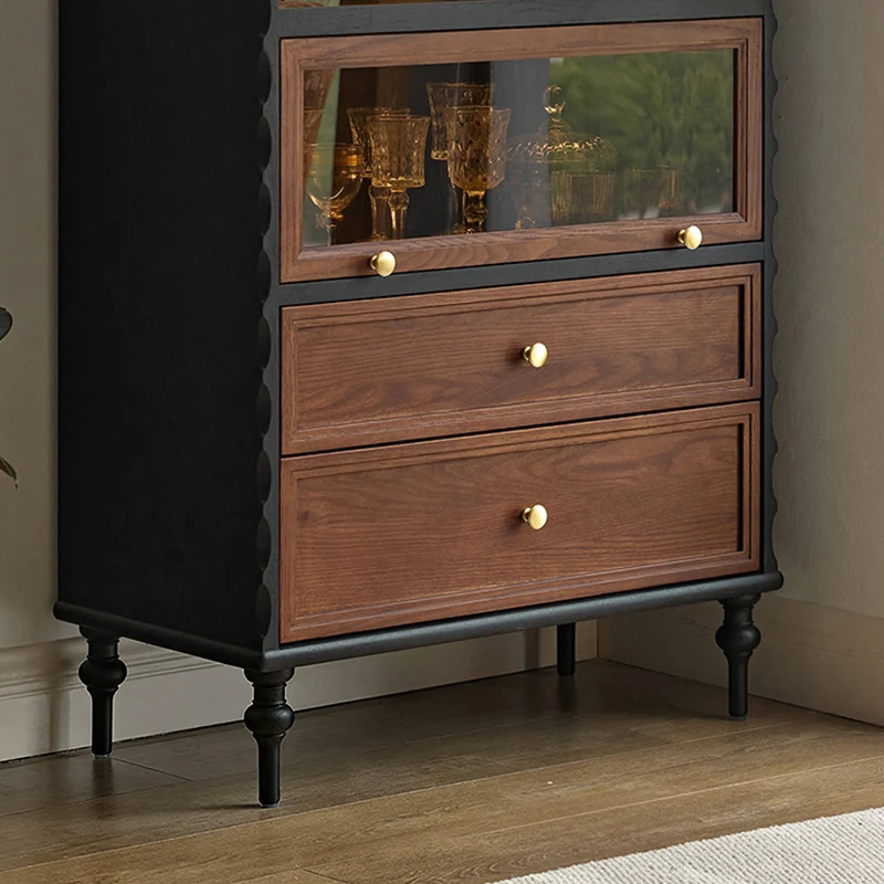 Traditional French Glass Plywood Oak Pine Wave Rectangular Storage Cabinet 2-Drawer For Living Room