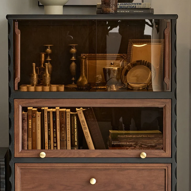 Traditional French Glass Plywood Oak Pine Wave Rectangular Storage Cabinet 2-Drawer For Living Room