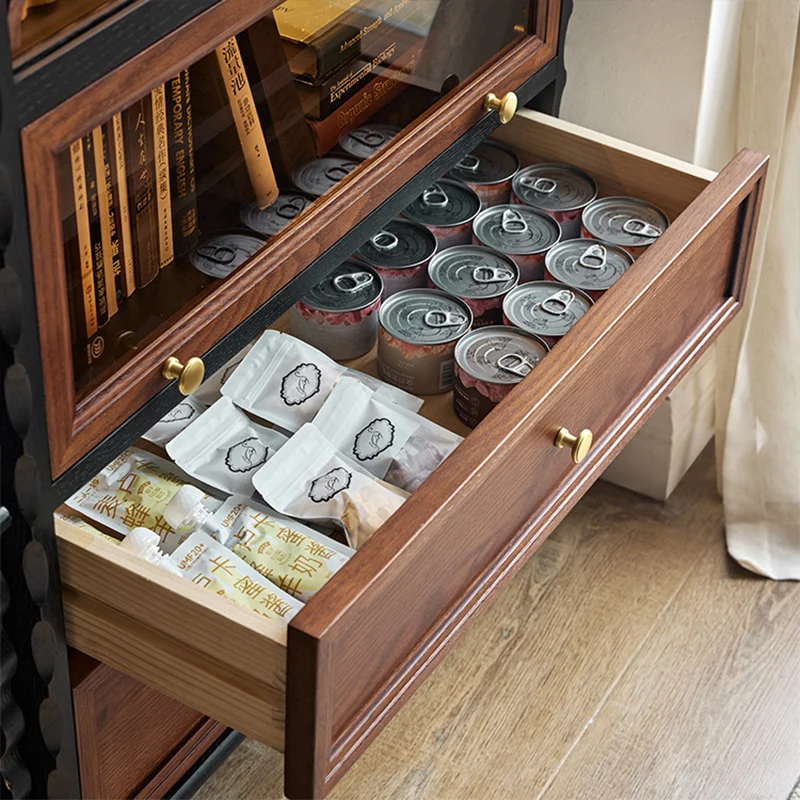Traditional French Glass Plywood Oak Pine Wave Rectangular Storage Cabinet 2-Drawer For Living Room