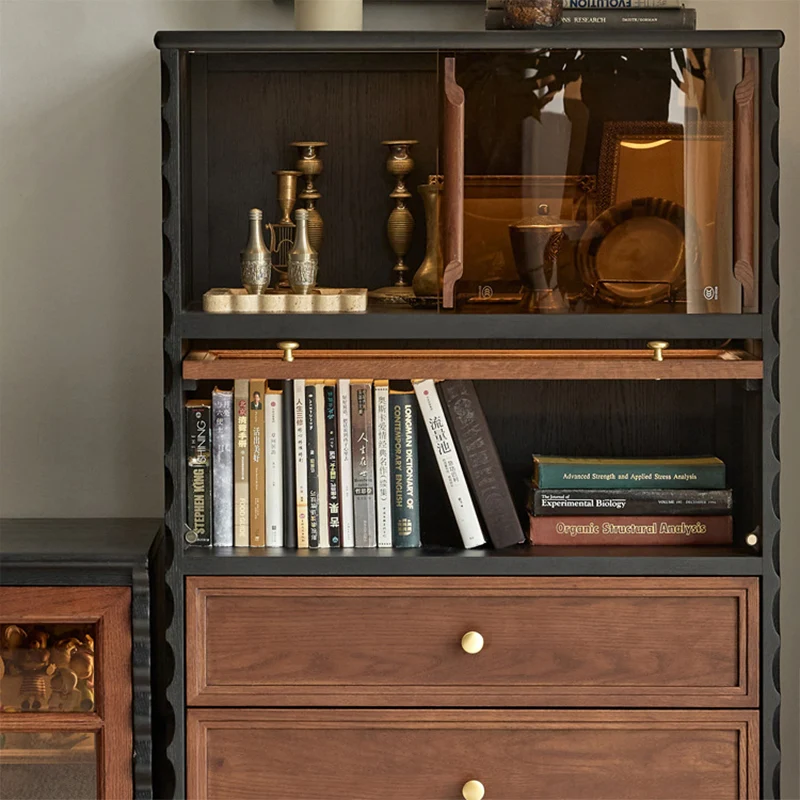 Traditional French Glass Plywood Oak Pine Wave Rectangular Storage Cabinet 2-Drawer For Living Room