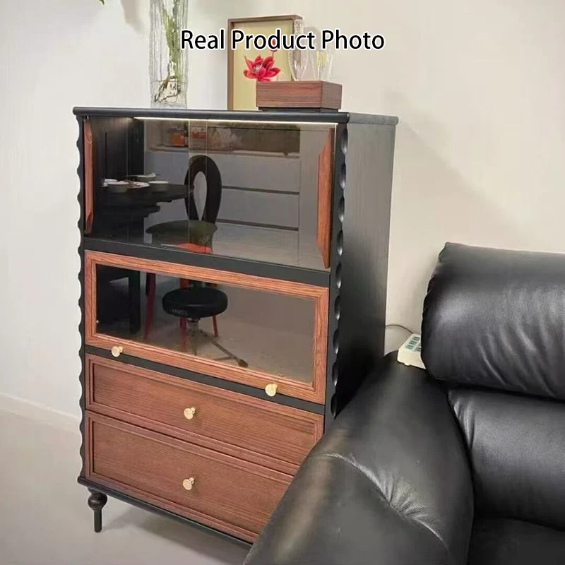 Traditional French Glass Plywood Oak Pine Wave Rectangular Storage Cabinet 2-Drawer For Living Room