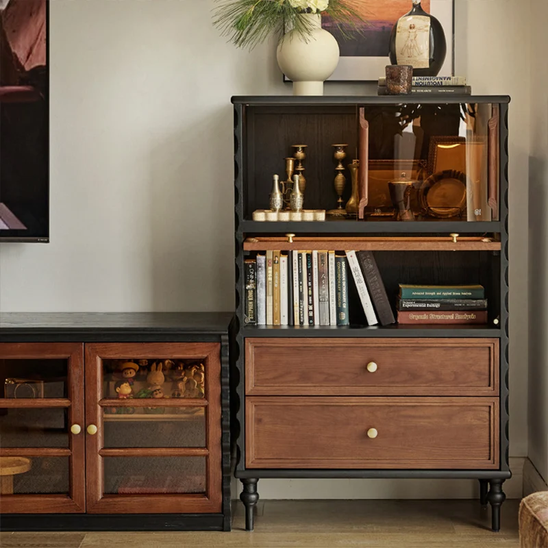 Traditional French Glass Plywood Oak Pine Wave Rectangular Storage Cabinet 2-Drawer For Living Room