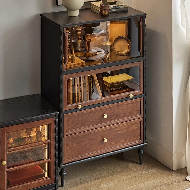 Traditional French Glass Plywood Oak Pine Wave Rectangular Storage Cabinet 2-Drawer For Living Room