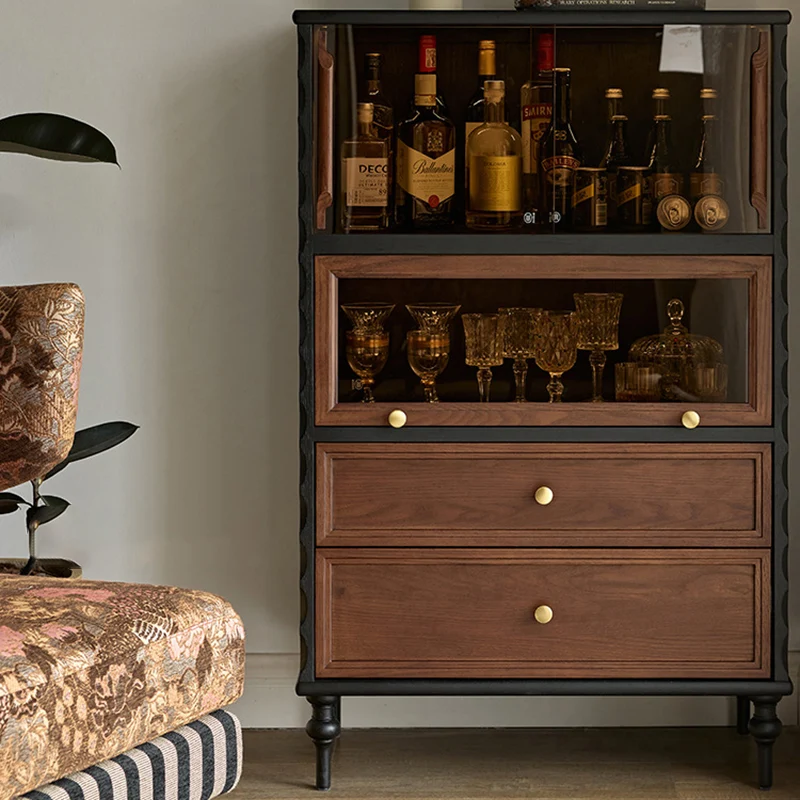 Traditional French Glass Plywood Oak Pine Wave Rectangular Storage Cabinet 2-Drawer For Living Room