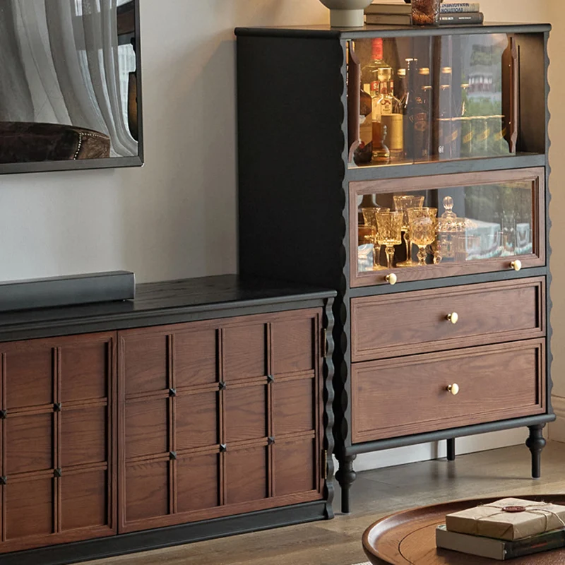 Traditional French Glass Plywood Oak Pine Wave Rectangular Storage Cabinet 2-Drawer For Living Room
