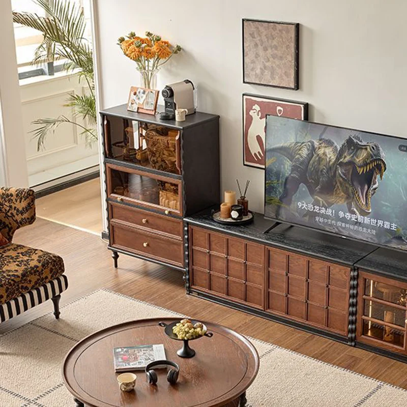 Traditional French Glass Plywood Oak Pine Wave Rectangular Storage Cabinet 2-Drawer For Living Room