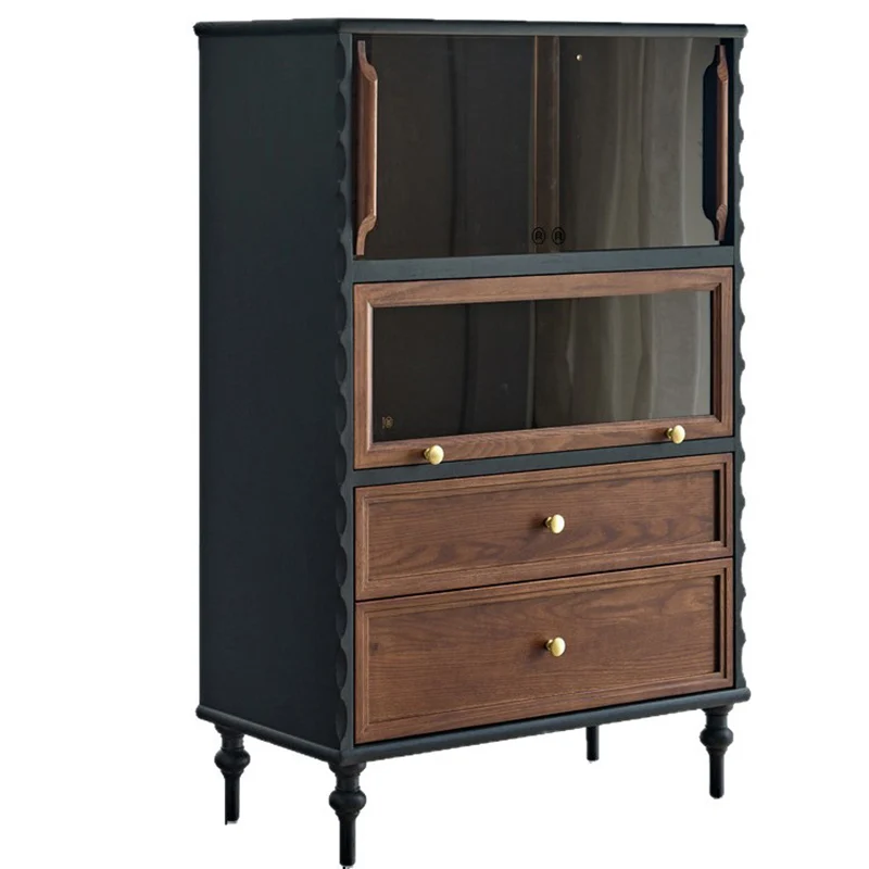 Traditional French Glass Plywood Oak Pine Wave Rectangular Storage Cabinet 2-Drawer For Living Room