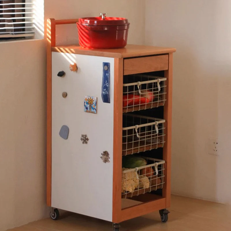 Traditional Japanese Rubberwood Iron Plate Rectangular Movable Storage Cabinet 3-Basket For Living Room & Dining Room