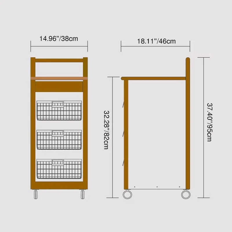 Traditional Japanese Rubberwood Iron Plate Rectangular Movable Storage Cabinet 3-Basket For Living Room & Dining Room