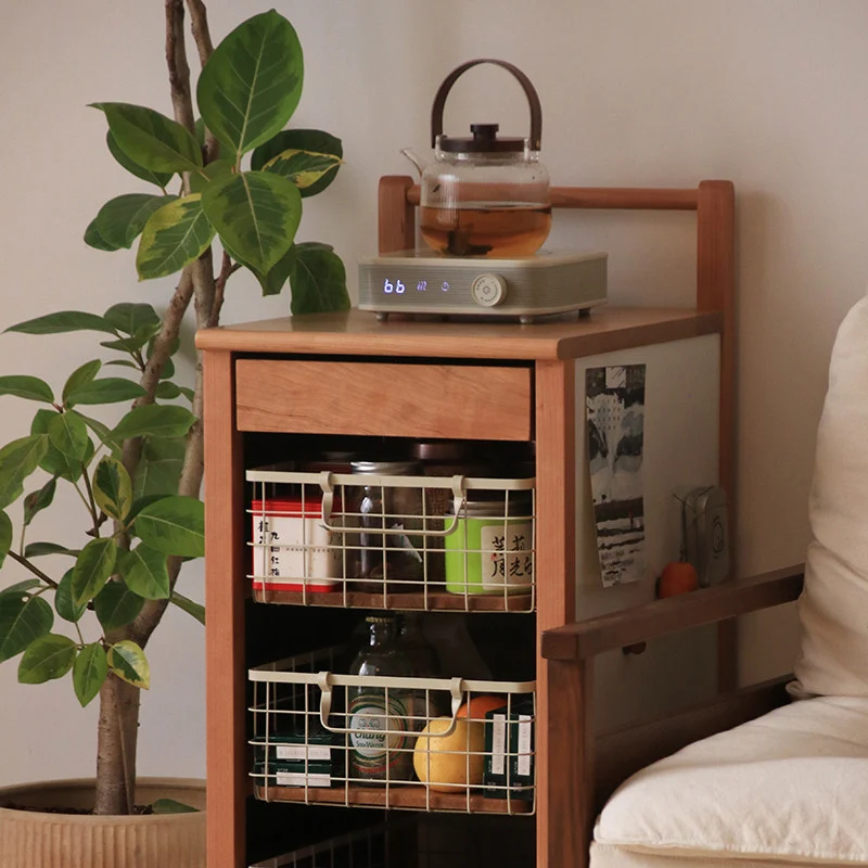 Traditional Japanese Rubberwood Iron Plate Rectangular Movable Storage Cabinet 3-Basket For Living Room & Dining Room