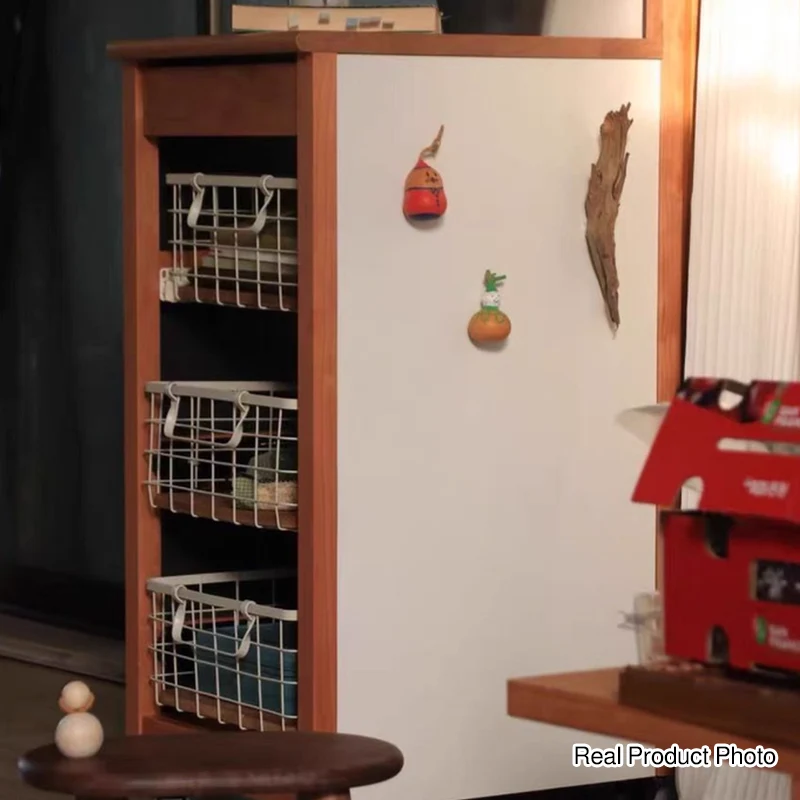 Traditional Japanese Rubberwood Iron Plate Rectangular Movable Storage Cabinet 3-Basket For Living Room & Dining Room