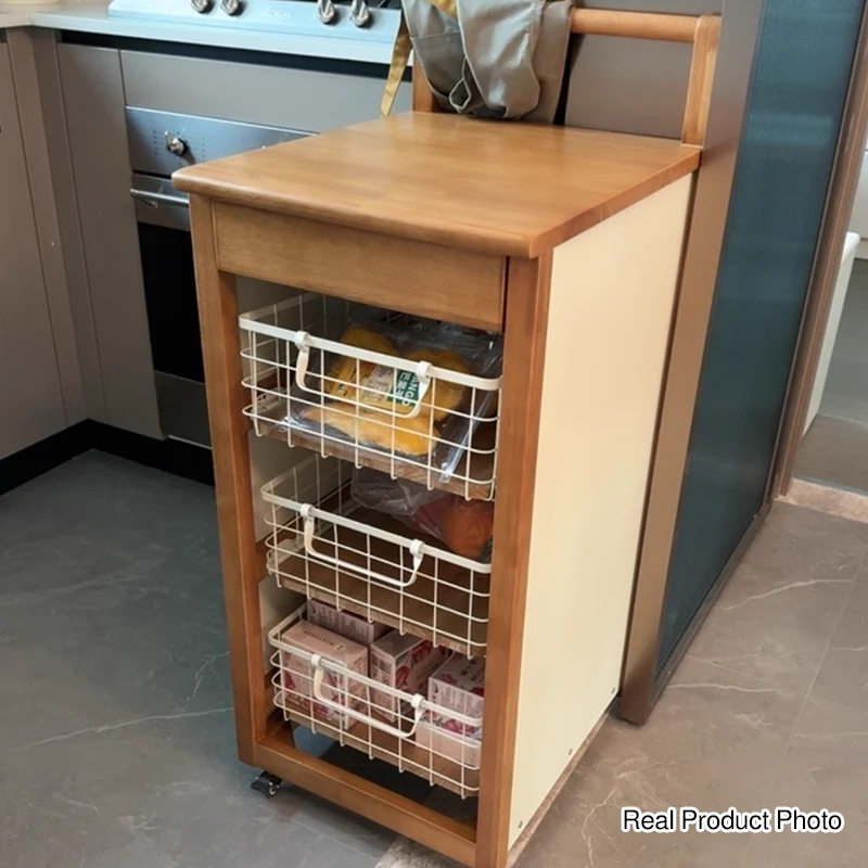 Traditional Japanese Rubberwood Iron Plate Rectangular Movable Storage Cabinet 3-Basket For Living Room & Dining Room