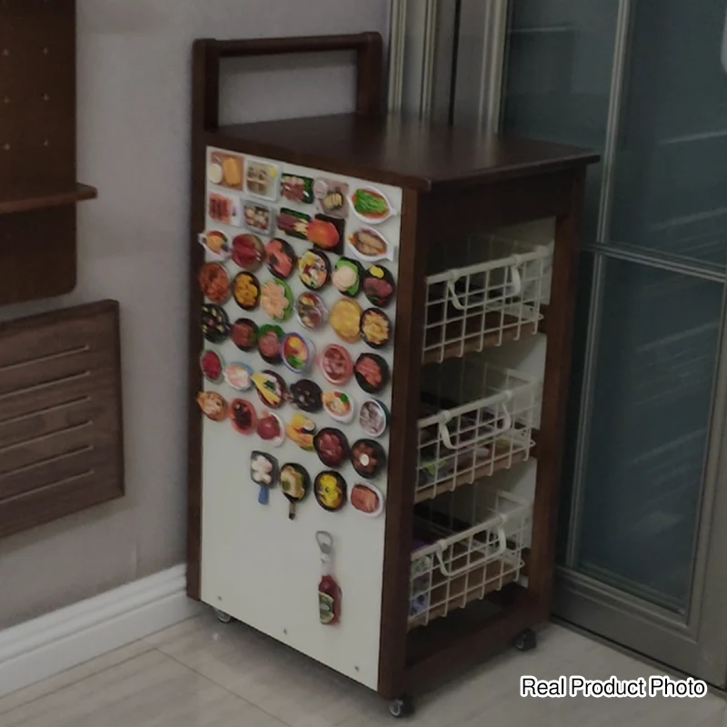 Traditional Japanese Rubberwood Iron Plate Rectangular Movable Storage Cabinet 3-Basket For Living Room & Dining Room