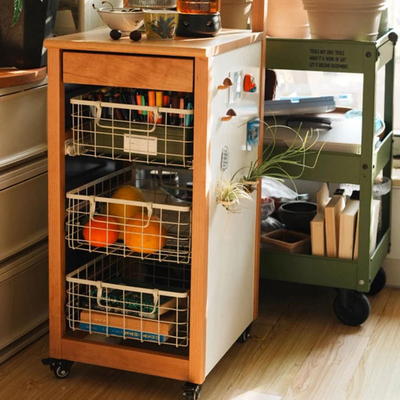 Traditional Japanese Rubberwood Iron Plate Rectangular Movable Storage Cabinet 3-Basket For Living Room & Dining Room