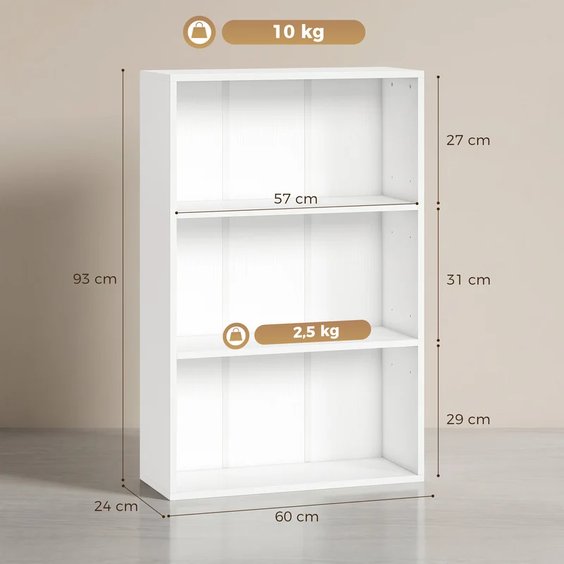 Estante de arrumação com 3 compartimentos e prateleira ajustável, 60 x 24 x 93 cm, branco