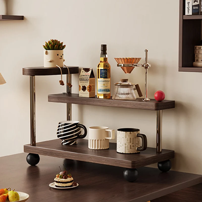 Contemporary Retro Stainless Steel Solid Wood Rectangular Lightweight Desktop Display Rack 3-Tier For Living Room & Entryway