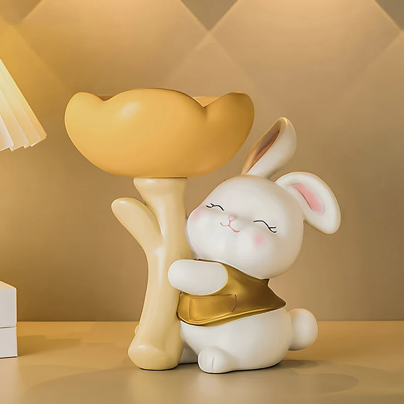 Contemporary Creative Resin Solid Wood Bunny Cat Table Decor With Jewelry Hanger For Living Room & Entryway