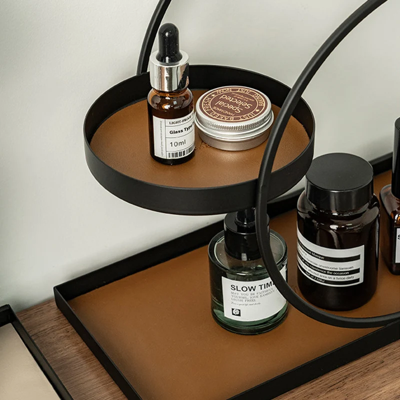 Contemporary Nordic PU Leather Iron Rectangular Round Desktop Storage Shelf 3-Tier For Living Room & Entryway
