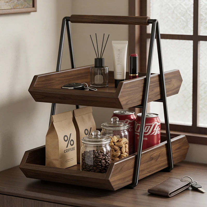 Contemporary Retro Solid Wood Iron Rectangular Desktop Storage Shelf 2-Tier For Living Room & Entryway