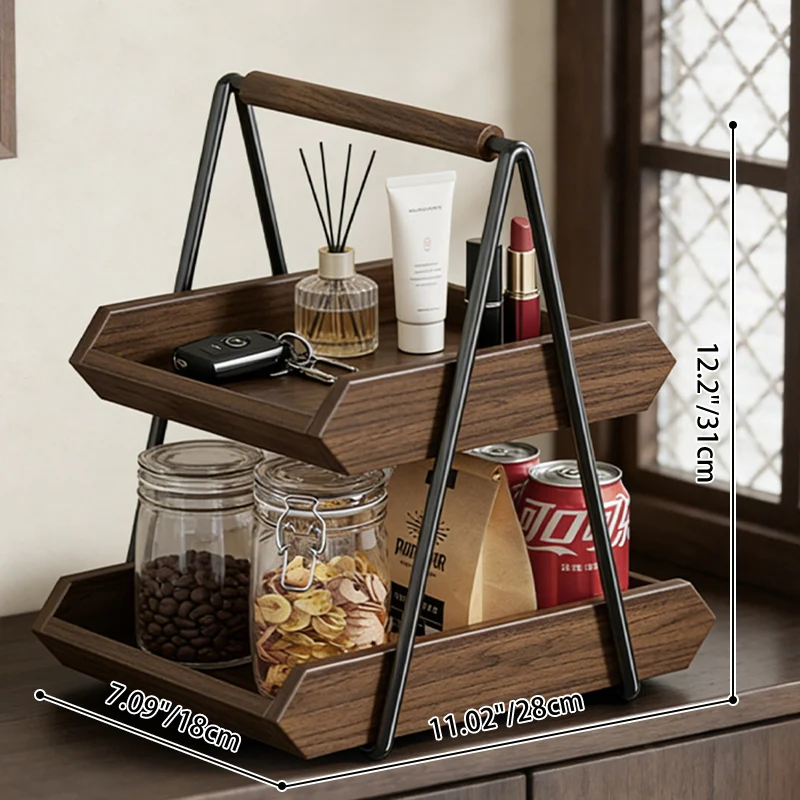Contemporary Retro Solid Wood Iron Rectangular Desktop Storage Shelf 2-Tier For Living Room & Entryway
