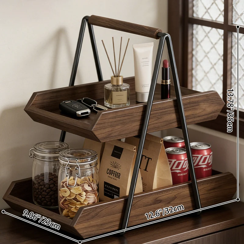 Contemporary Retro Solid Wood Iron Rectangular Desktop Storage Shelf 2-Tier For Living Room & Entryway