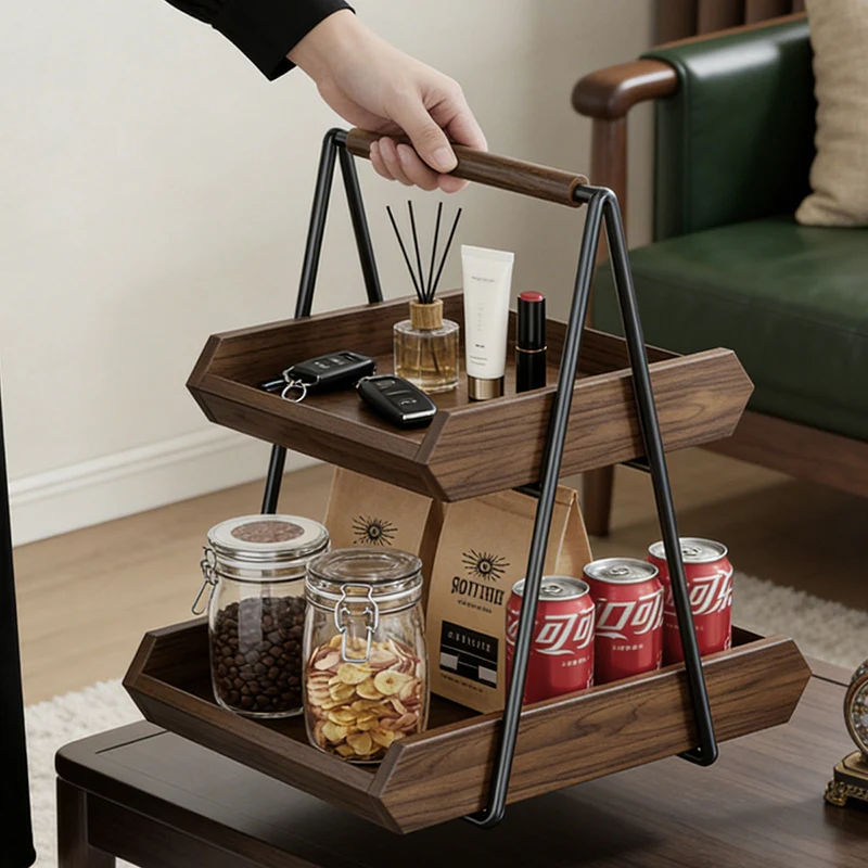 Contemporary Retro Solid Wood Iron Rectangular Desktop Storage Shelf 2-Tier For Living Room & Entryway