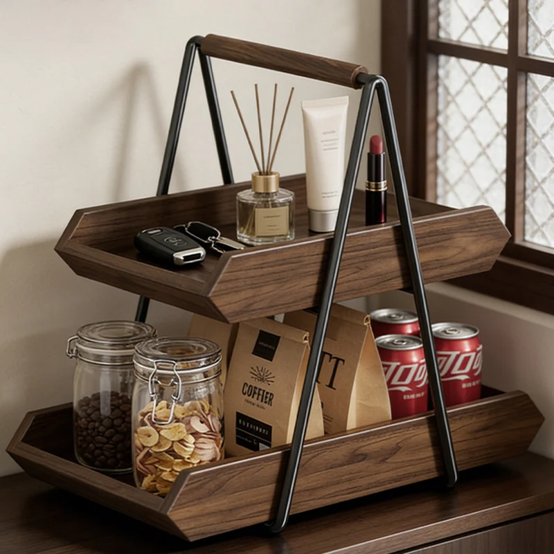 Contemporary Retro Solid Wood Iron Rectangular Desktop Storage Shelf 2-Tier For Living Room & Entryway