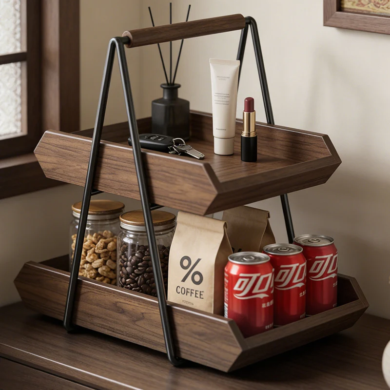 Contemporary Retro Solid Wood Iron Rectangular Desktop Storage Shelf 2-Tier For Living Room & Entryway