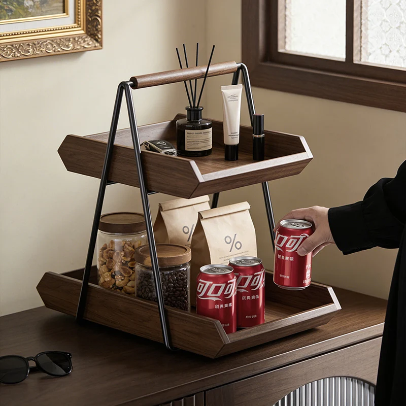 Contemporary Retro Solid Wood Iron Rectangular Desktop Storage Shelf 2-Tier For Living Room & Entryway