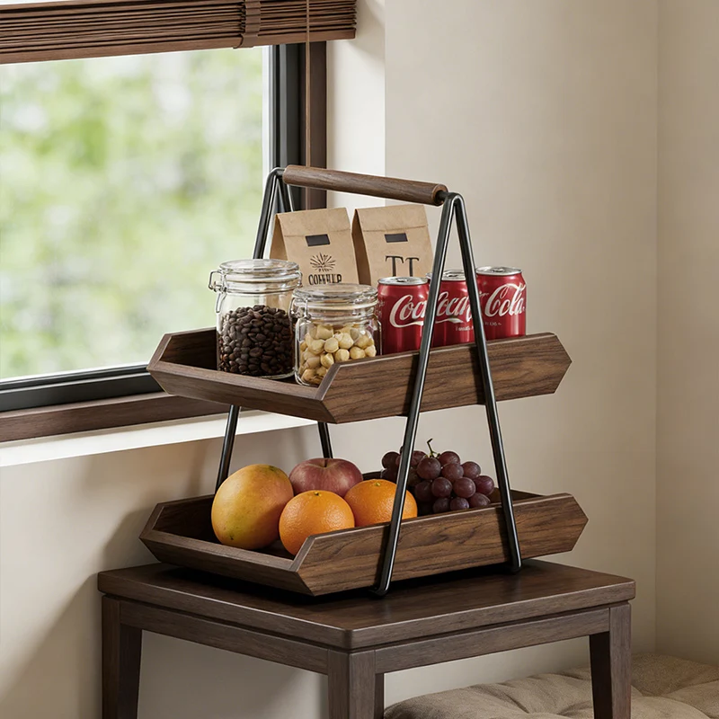 Contemporary Retro Solid Wood Iron Rectangular Desktop Storage Shelf 2-Tier For Living Room & Entryway