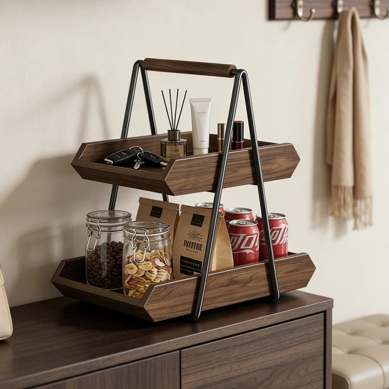 Contemporary Retro Solid Wood Iron Rectangular Desktop Storage Shelf 2-Tier For Living Room & Entryway