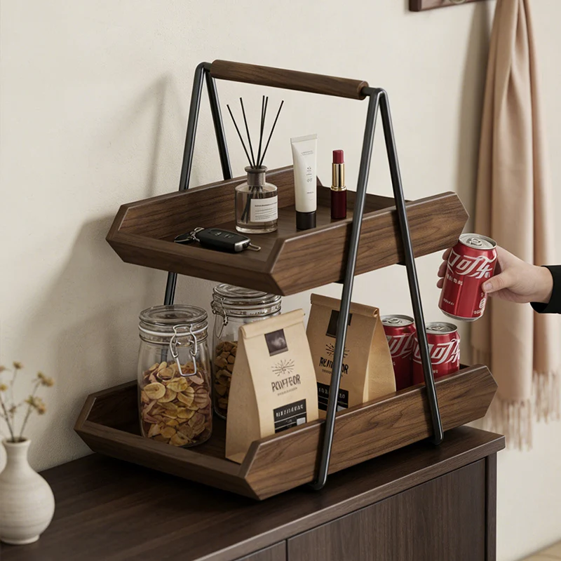 Contemporary Retro Solid Wood Iron Rectangular Desktop Storage Shelf 2-Tier For Living Room & Entryway