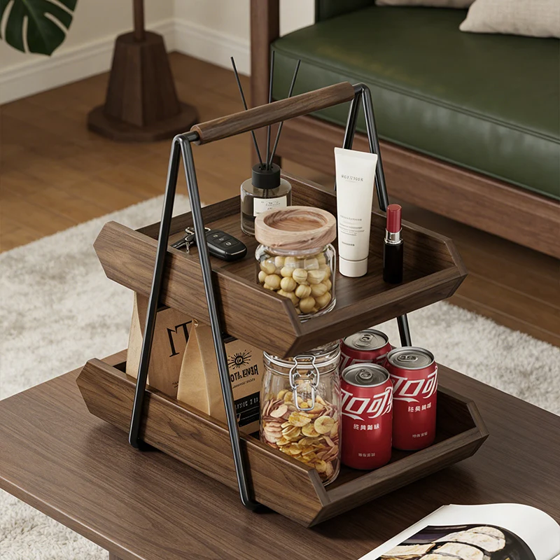 Contemporary Retro Solid Wood Iron Rectangular Desktop Storage Shelf 2-Tier For Living Room & Entryway