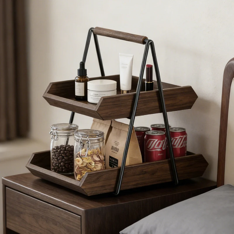 Contemporary Retro Solid Wood Iron Rectangular Desktop Storage Shelf 2-Tier For Living Room & Entryway
