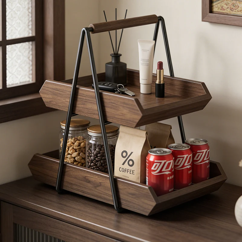 Contemporary Retro Solid Wood Iron Rectangular Desktop Storage Shelf 2-Tier For Living Room & Entryway