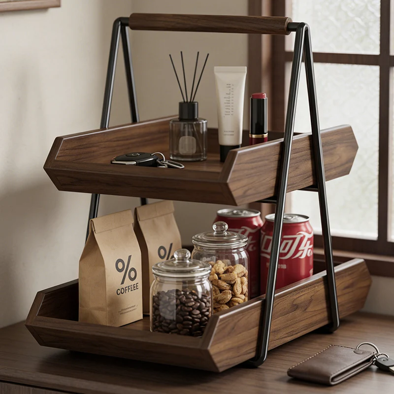 Contemporary Retro Solid Wood Iron Rectangular Desktop Storage Shelf 2-Tier For Living Room & Entryway