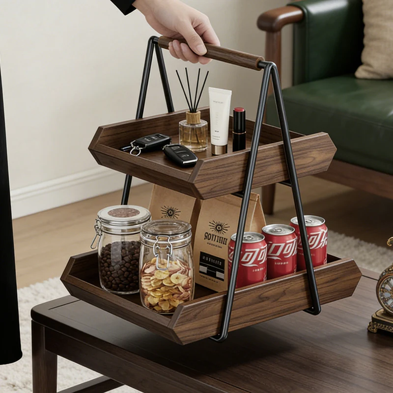 Contemporary Retro Solid Wood Iron Rectangular Desktop Storage Shelf 2-Tier For Living Room & Entryway
