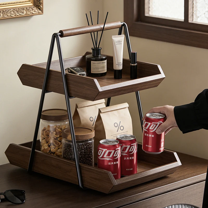 Contemporary Retro Solid Wood Iron Rectangular Desktop Storage Shelf 2-Tier For Living Room & Entryway