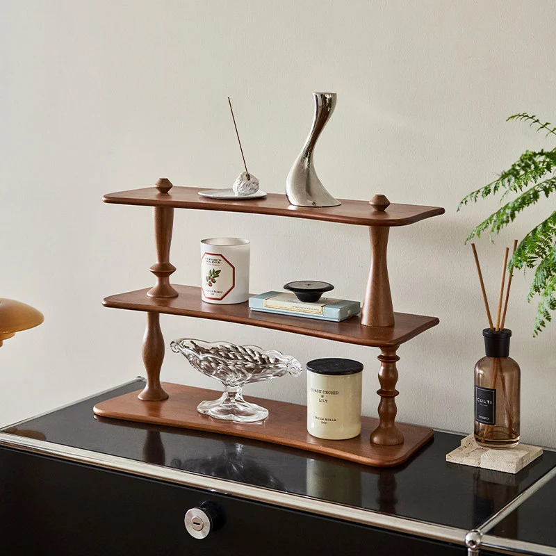 Contemporary Retro Cherry Wood Rectangular Wave-shaped Desktop Storage Shelf 3-Tier For Living Room & Entryway