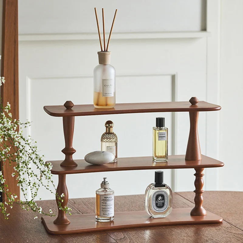 Contemporary Retro Cherry Wood Rectangular Wave-shaped Desktop Storage Shelf 3-Tier For Living Room & Entryway